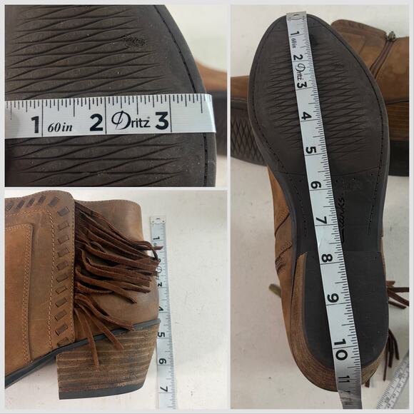 Clarks Brown Distressed Leather Artisan Fringe Block Heel Ankle Boots Sz 12 - Picture 7 of 11